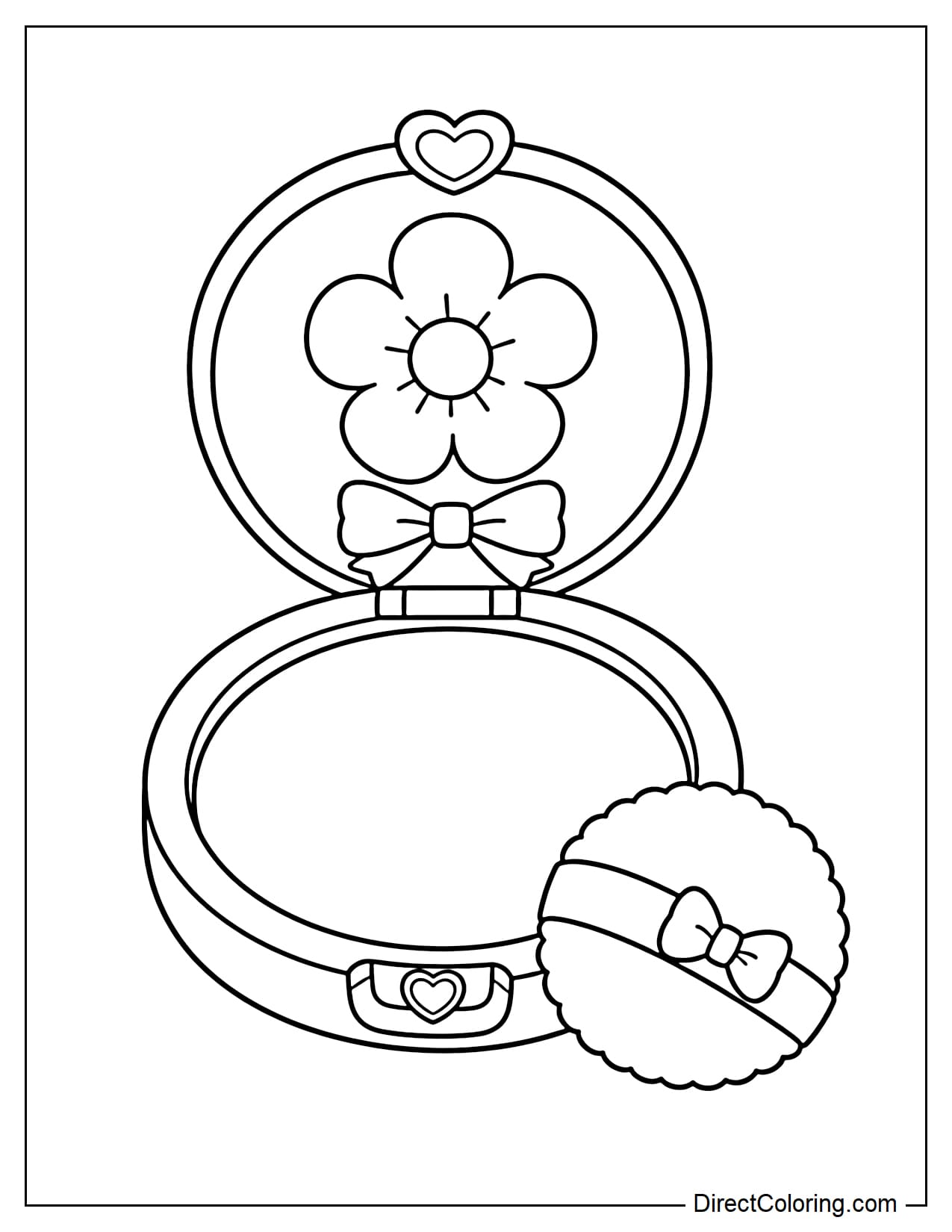 An open round compact with a flower design and a small bow on the lid, with a powder puff placed beside it.