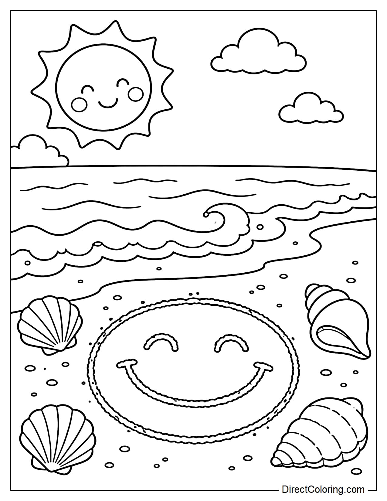 A large smiley face drawn in the wet sand near the water's edge, surrounded by several large shells, gentle waves, and a smiling sun above.