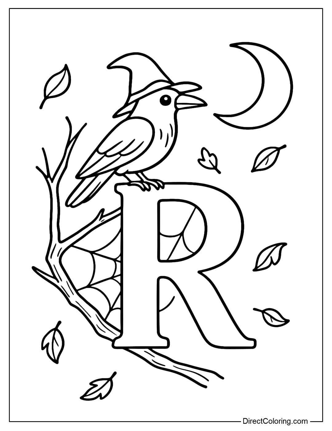 A letter R coloring page with a crow standing on a dry branch, with some fallen yellow leaves and a crescent moon behind.