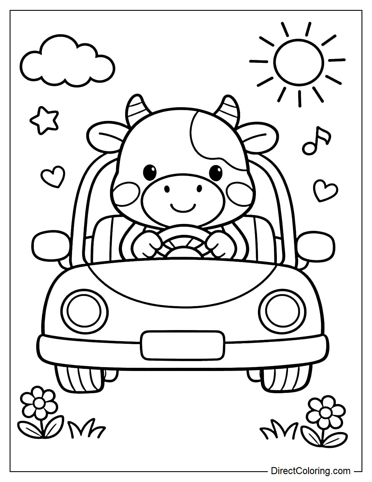 A cow sitting in a simple car, holding the steering wheel.