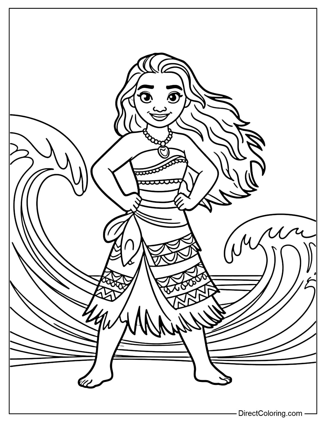 A coloring page of Princess Moana standing next to ocean waves in a simple pose.
