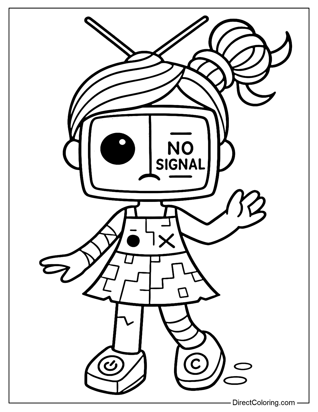 Static doll coloring page with TV interference, classic TV screen, one side of the screen has black and white stripes, the other side shows NO SIGNAL symbol. The left eye is a floating dot like a static point, the right eye has a flashing horizontal wavy line.