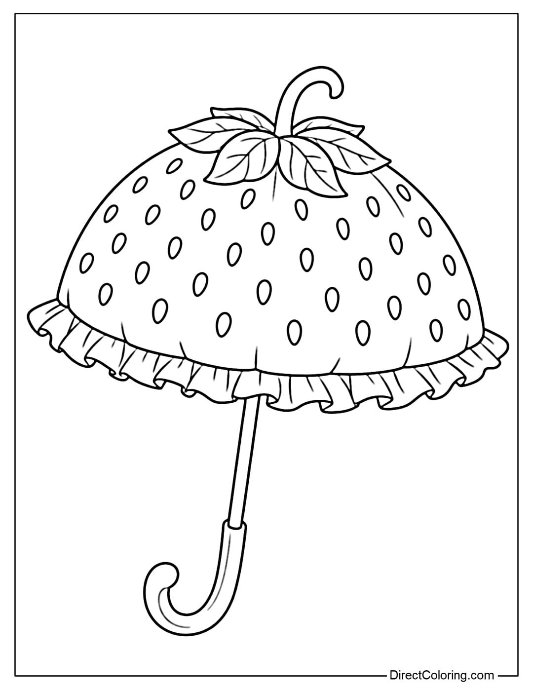 A coloring page featuring a giant strawberry-shaped umbrella with tiny seeds and a cute ruffled edge, and a soft, curved handle like a leaf stem.