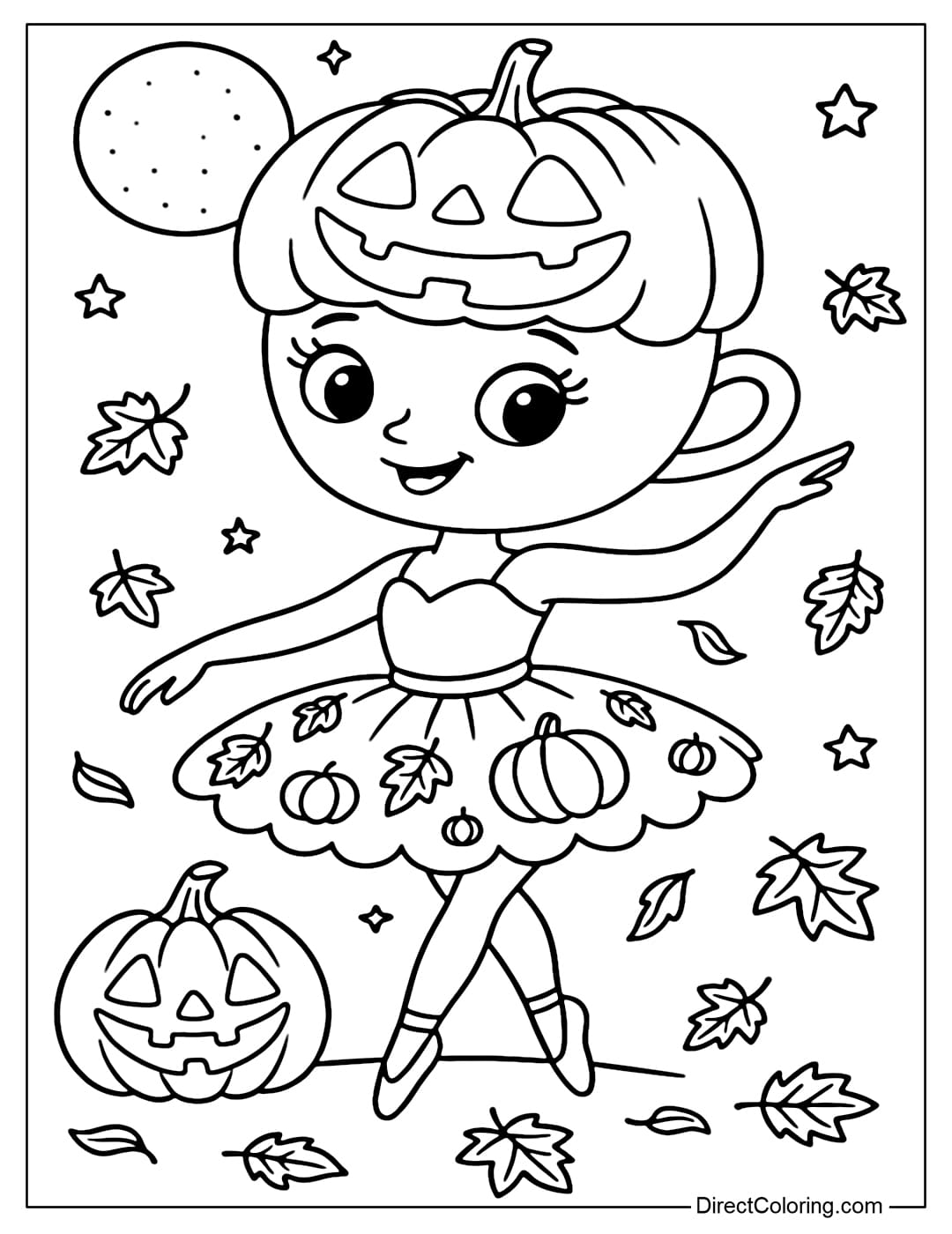 A cute Halloween Ballerina Cappuccina coloring page wearing a pumpkin hat, a tutu with autumn leaves and a small pumpkin.