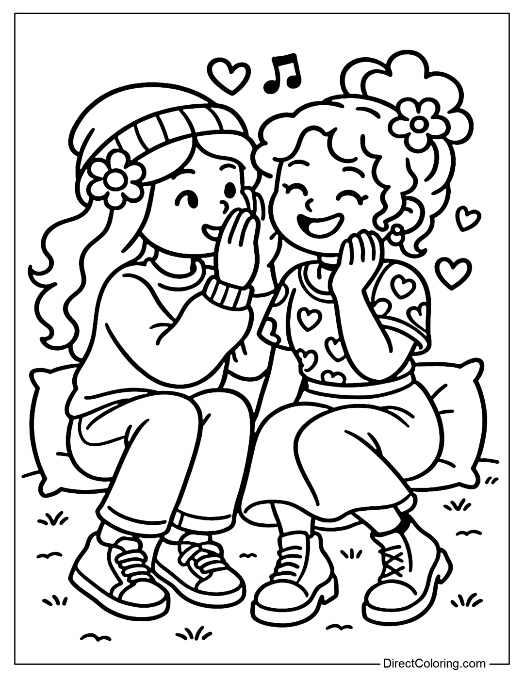 Coloring page of a girl whispering in your ear, both giggling, sitting on the floor with pillows.
