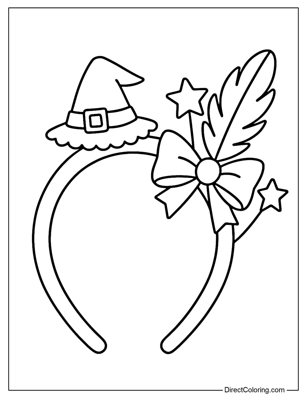 Coloring page for a headband with a small witch hat on the head, a bow border, stars, and decorative feathers.