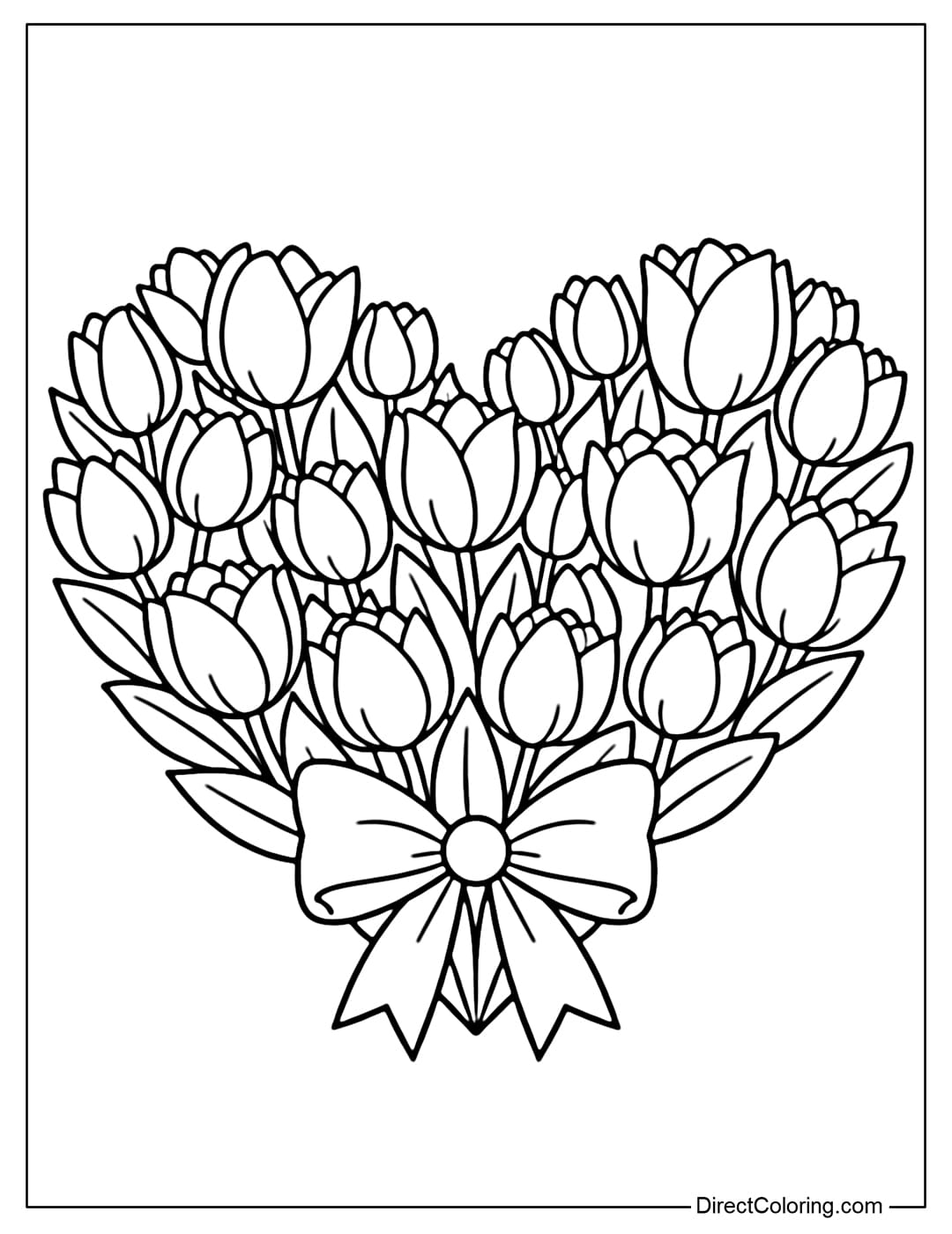 A coloring page with a heart made up of a mix of large and small tulips, with leaves and a soft bow underneath.