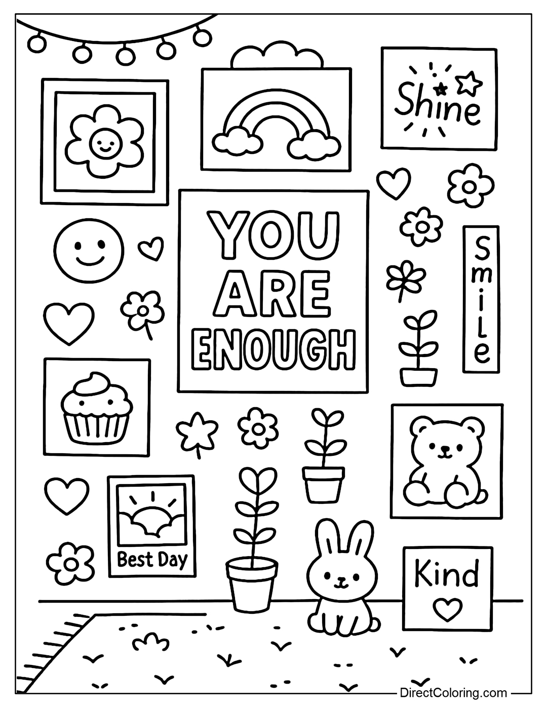 Wall coloring page with many self-drawn pictures, stickers, quotes, the highlight is You Are Enough.
