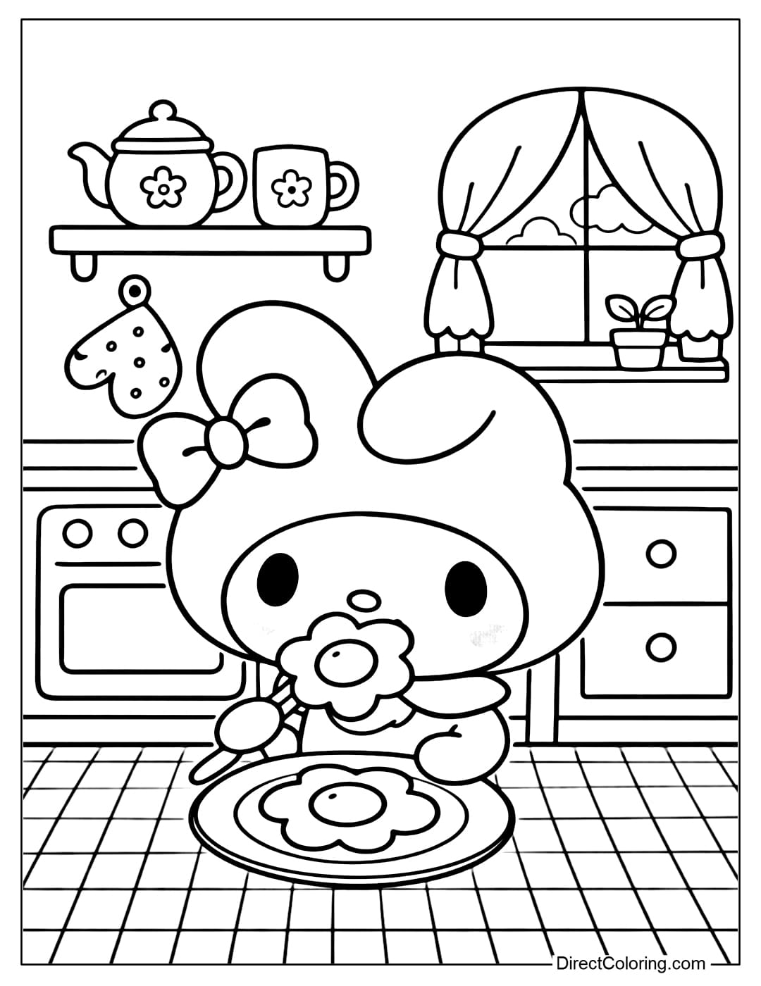 My Melody is holding a plate with a pretty flower-shaped fried egg in the kitchen.