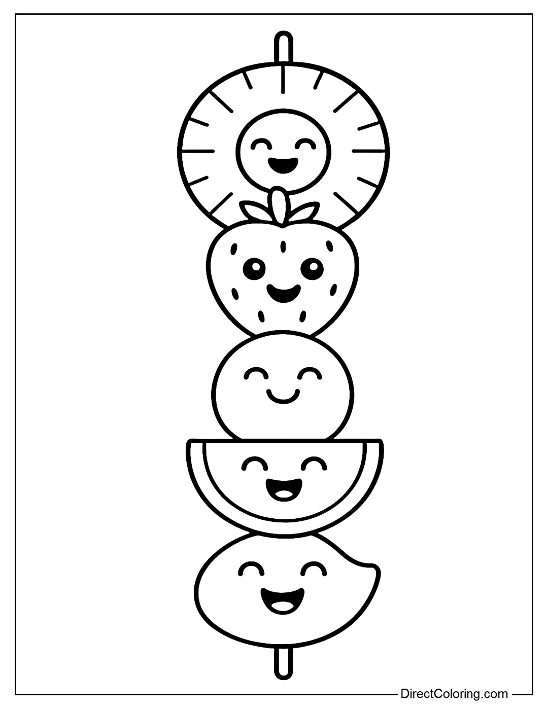 Fruit skewer coloring page with pineapple, strawberry, grape and mango slices - each with a fun face.