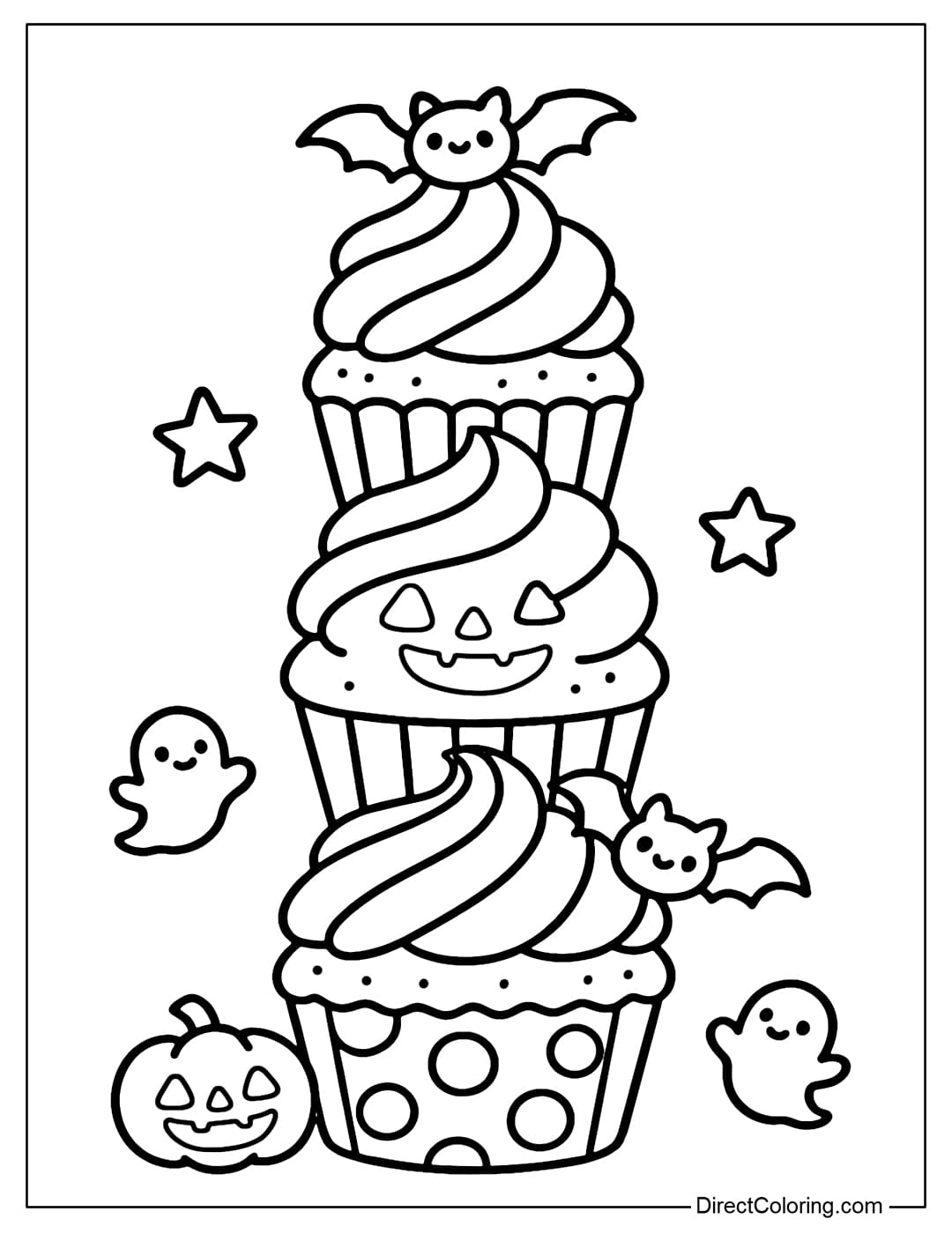 A Halloween cupcake tower coloring page, each tier is a different cake, covered with swirled cream and decorated with little bats on top.