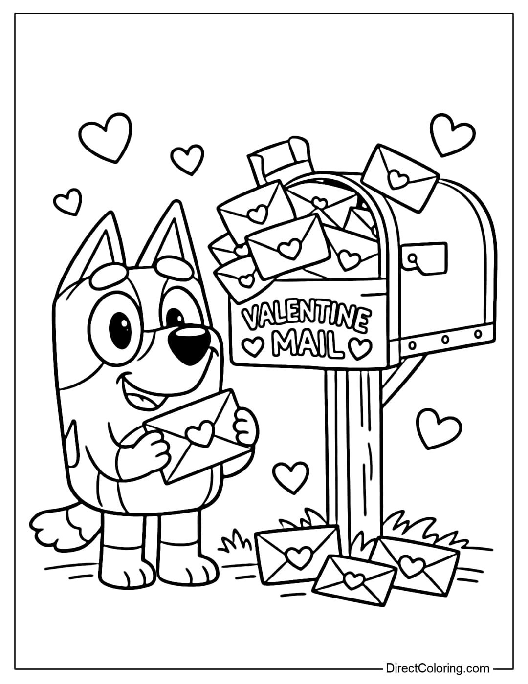 Bluey's coloring page features a large Valentine's mailbox, with many heart-shaped envelopes protruding from it.