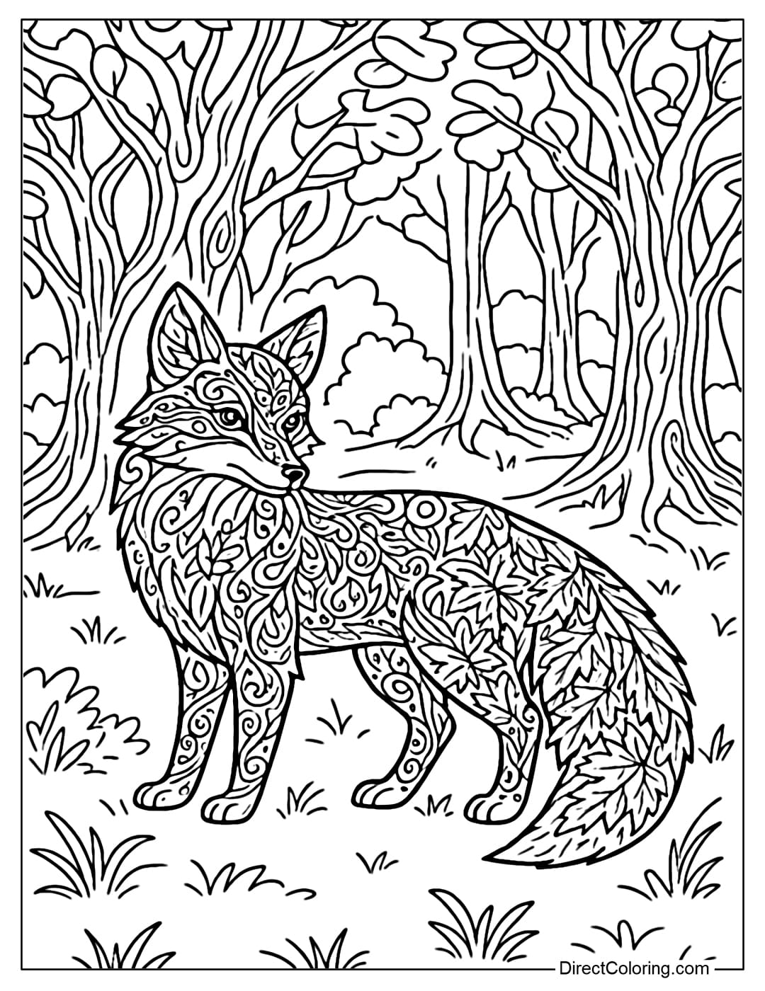 A forest guardian fox coloring page with patterns on its fur, a tail covered with maple leaves, standing in front of a forest with several magical ancient trees.