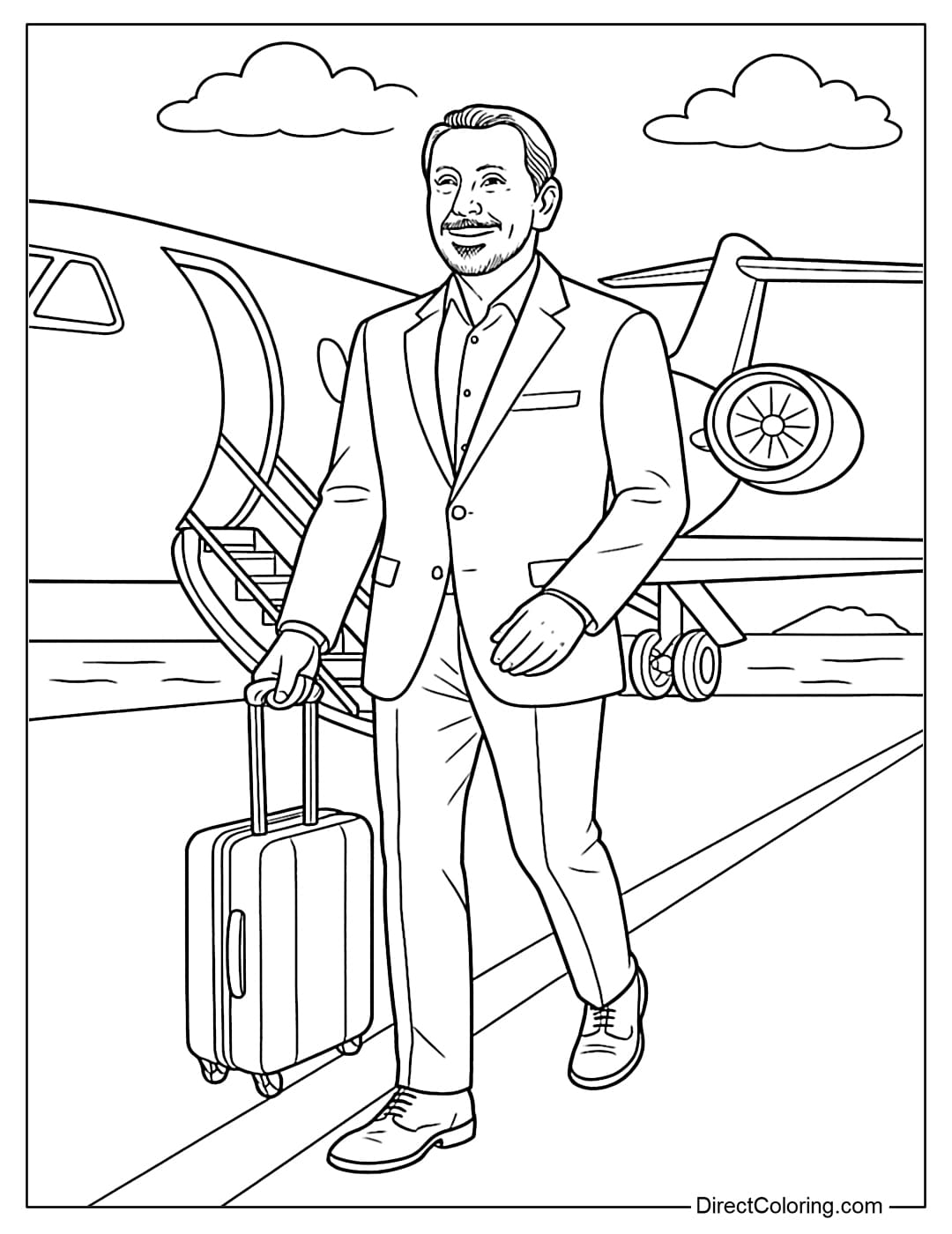 Larry Ellison with Private Jet Coloring Page Larry Ellison coloring page walking down the stairs of his private jet, carrying a small suitcase.