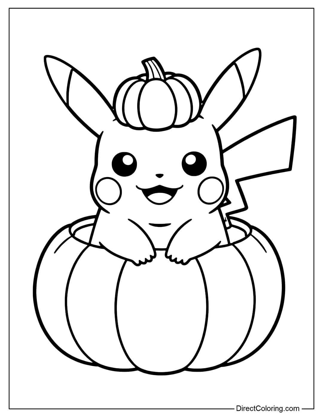 Pikachu coloring page sitting in a pumpkin, wearing a small pumpkin cap on its head like a hat.