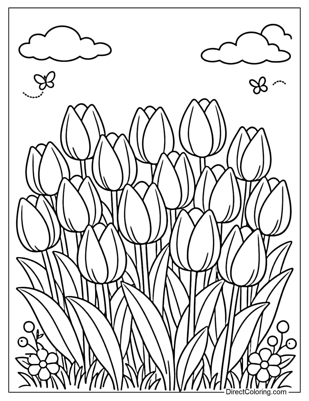 A coloring page of a tulip garden with closed, teardrop-shaped petals.