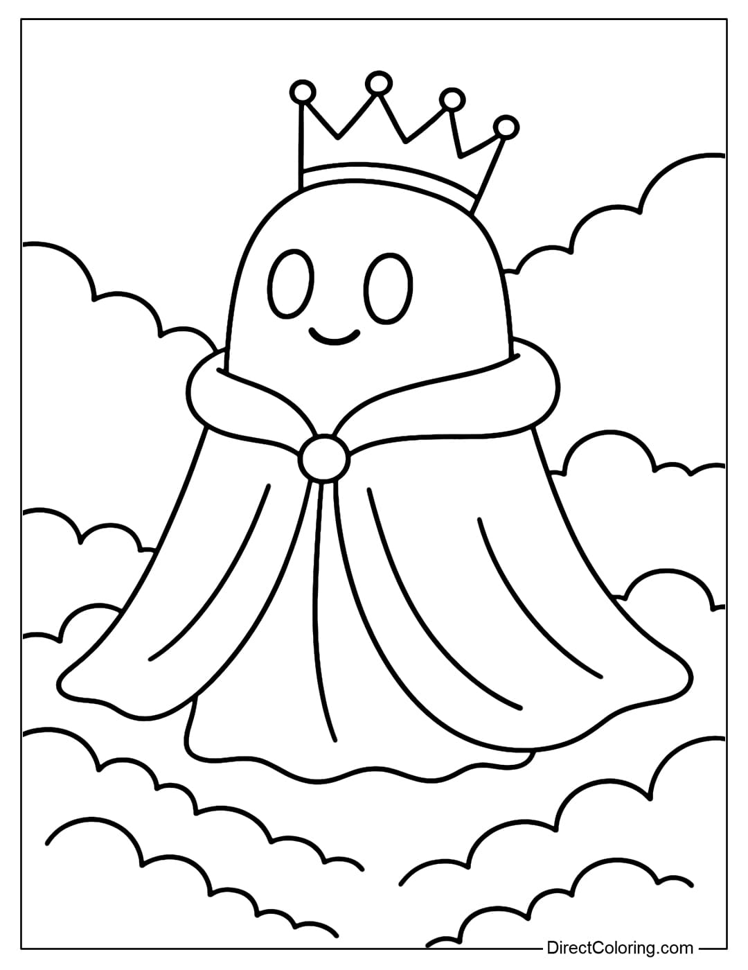 A coloring page of a ghost wearing a crown, wearing a cloak, surrounded by mysterious fog, looking like a cute ghost king.