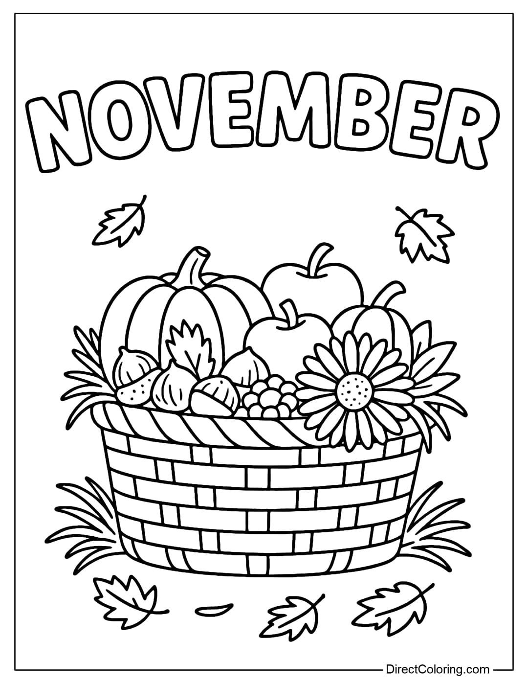 A coloring page of the word NOVEMBER. Below is a harvest basket filled with pumpkins, apples, chestnuts and some autumn daisies.