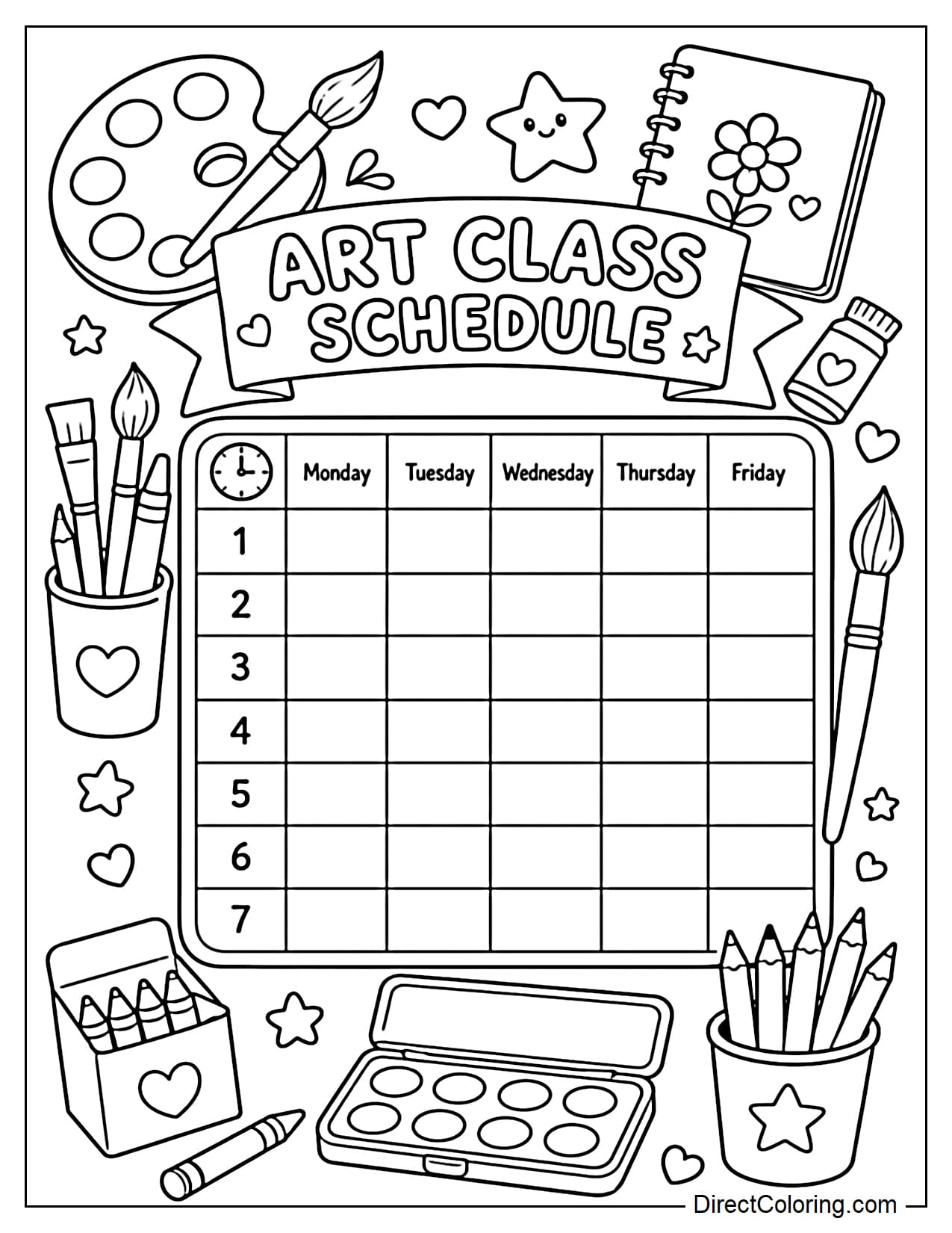 An art class schedule with a paint palette, paintbrushes, crayons, and a small sketchbook surrounding a large schedule board for children.