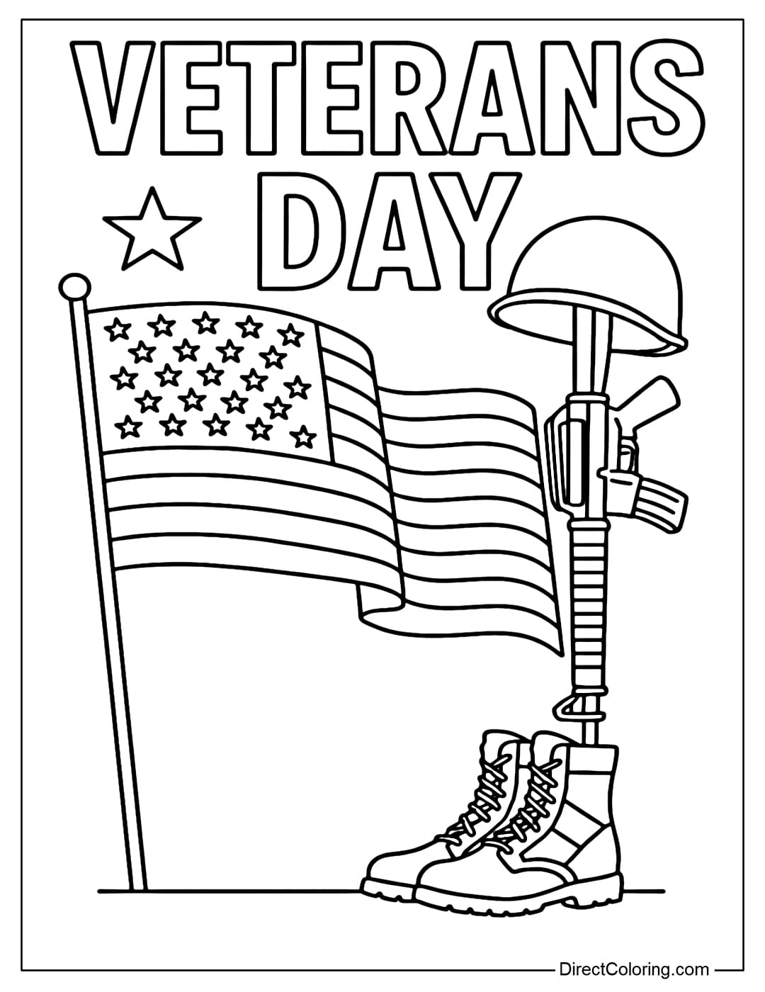 A coloring page of a memorial scene of a fallen soldier: a helmet placed on a rifle held upright, next to a pair of soldier's boots. Behind is an American flag, above is the word 