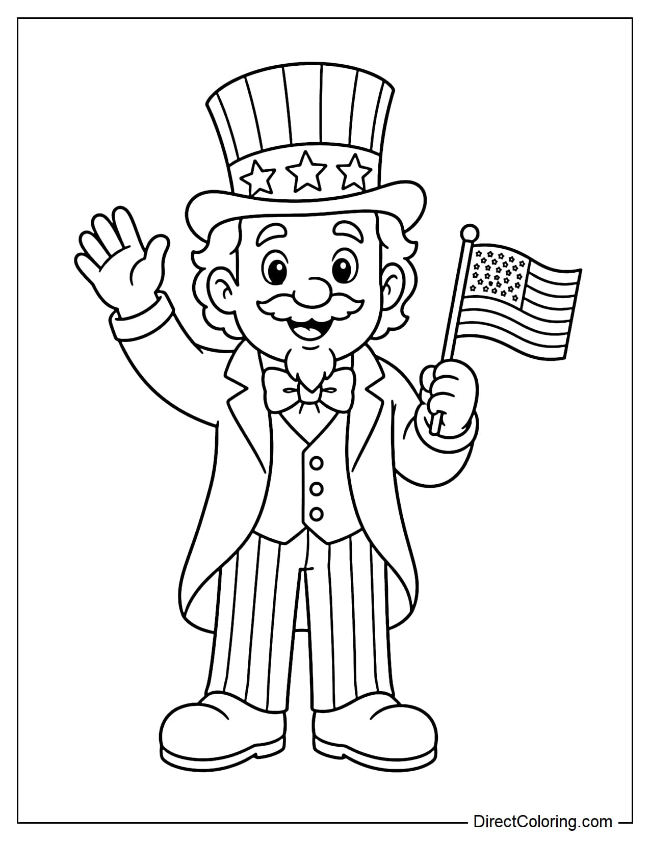 The friendly Uncle Sam character is waving, wearing his famous tall hat and holding a small American flag.