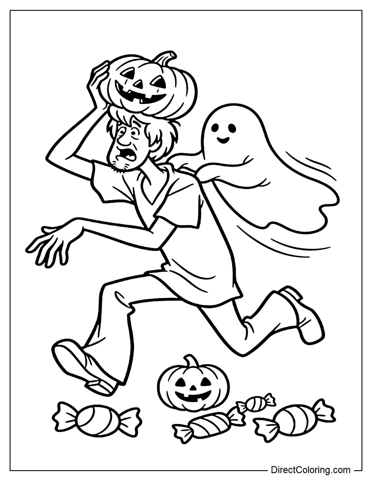 Shaggy is wearing a large Halloween pumpkin hat while running with a frightened expression, with a friendly ghost chasing him from behind.