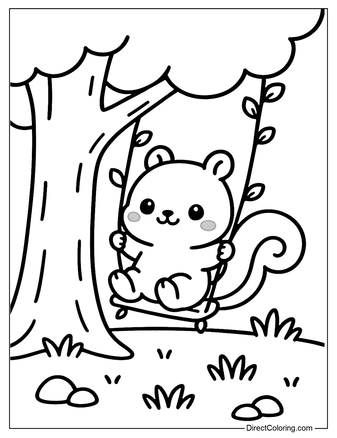 Coloring page of a squirrel happily swinging on a vine climbing a large tree, below is grass and some small stones.