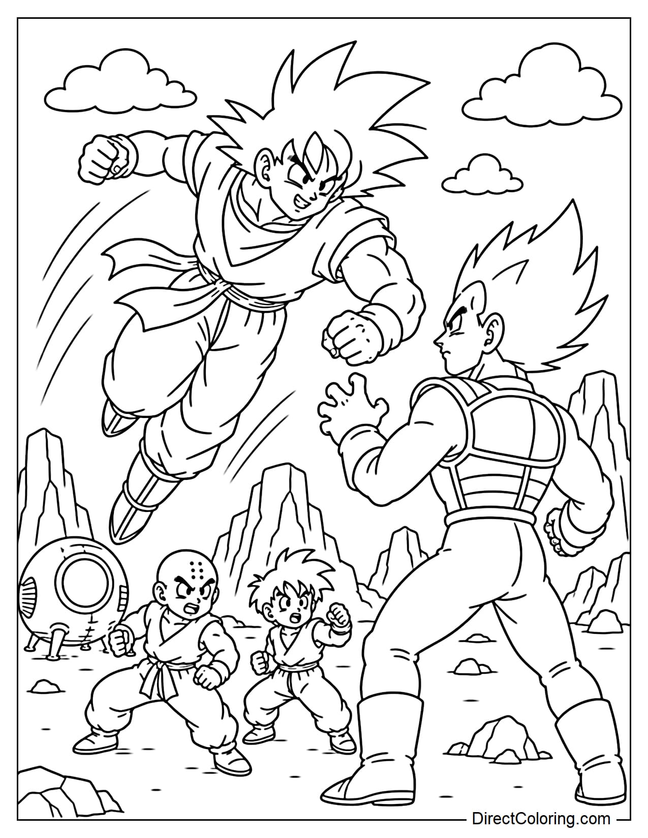 Dragon Ball Z Saiyan Saga shows Goku charging diagonally towards Vegeta in Saiyan armor. Krillin and young Gohan provide support below, with a round Saiyan spaceship and several large rocks in the background.