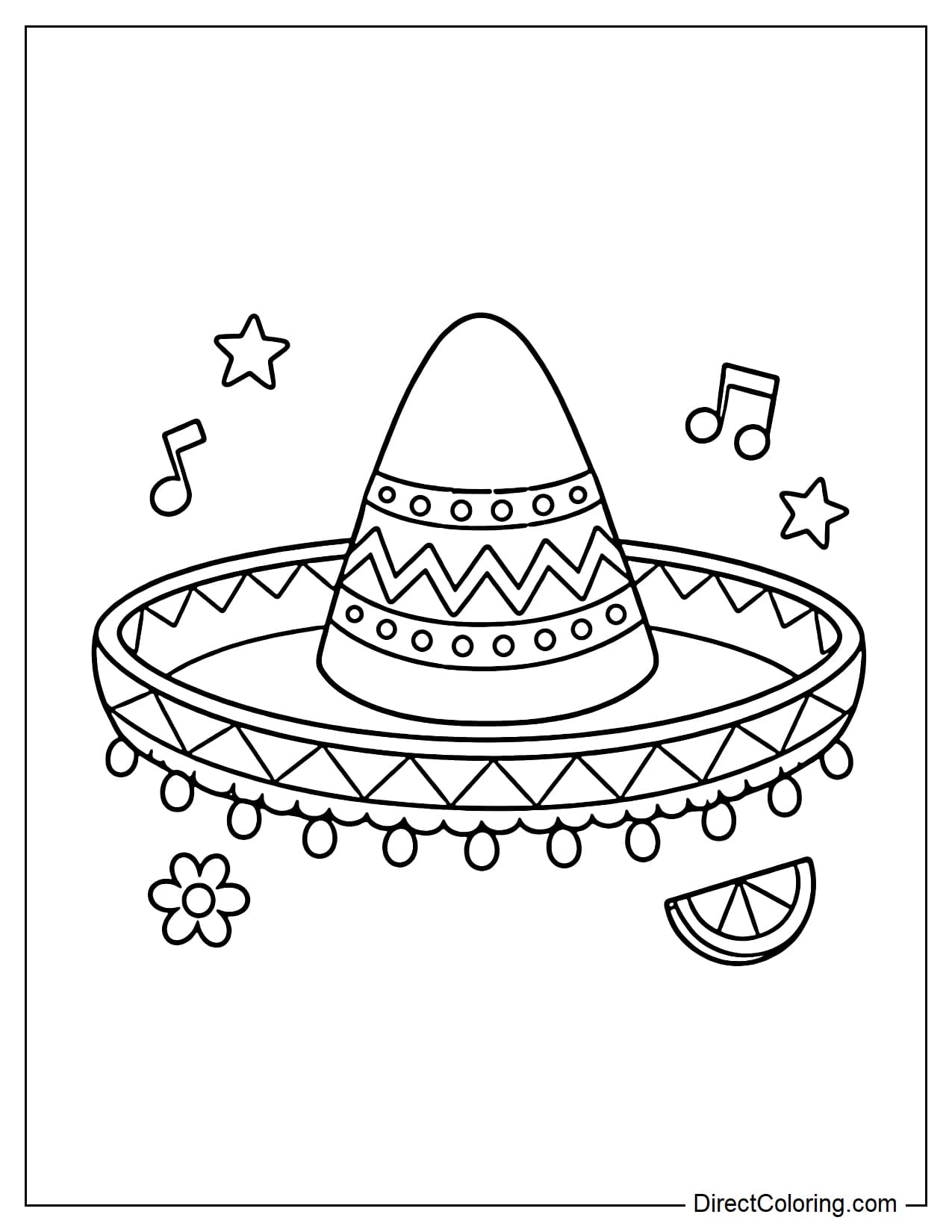 A traditional Mexican sombrero hat, surrounded by symbols such as musical notes, stars, flowers, and a lemon slice.