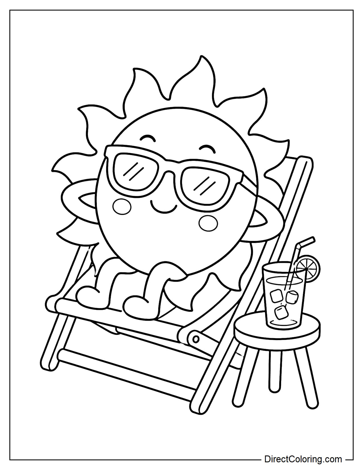 A cute sun is relaxing on a beach chair, wearing sunglasses and with a small summer drink beside it.