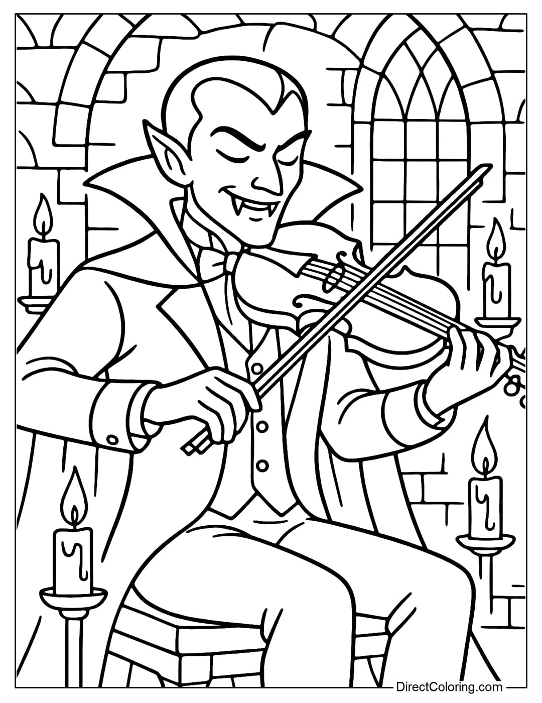 Vampire Musician Coloring Page A coloring page of a vampire playing the violin in an ancient castle, with candles flickering around.