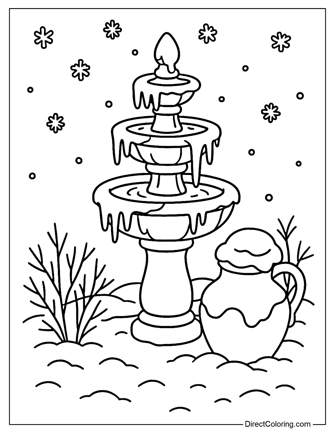 Coloring page of winter fountain with thin ice on the edge of the rocks, snow covering the jar and bare shrubs
