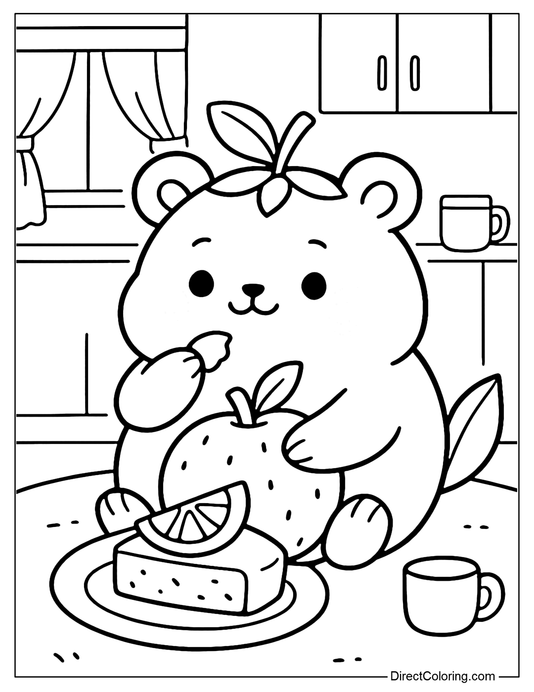 A hamster coloring page with pink cheeks, a peach-shaped body, and leaves on its head. The background is a snack table.