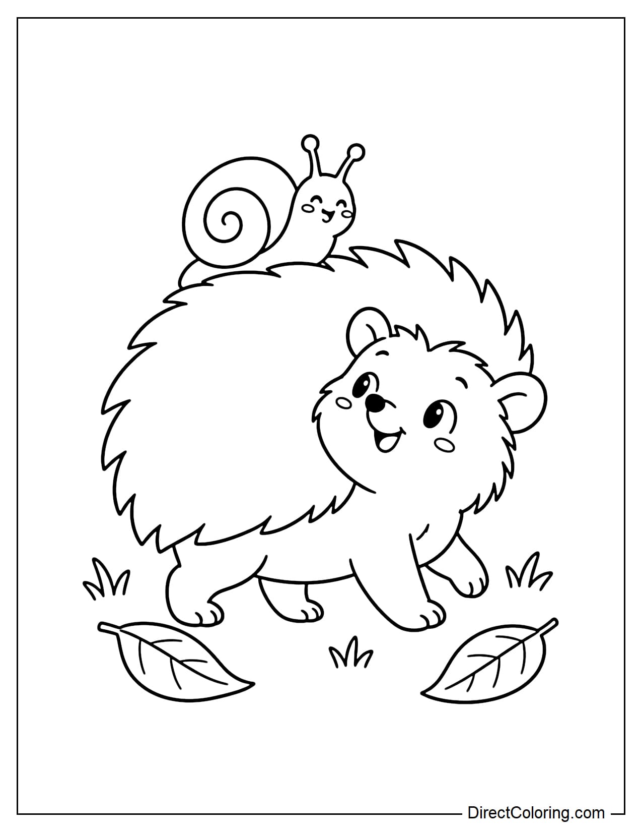 A cute hedgehog walking along with a little snail happily riding on its back, turning its head to look at its tiny friend.