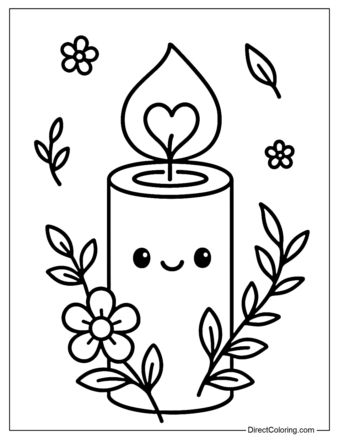 A candle coloring page with a cute face, a glowing flame in the shape of a heart, surrounded by soft flowers and leaves.
