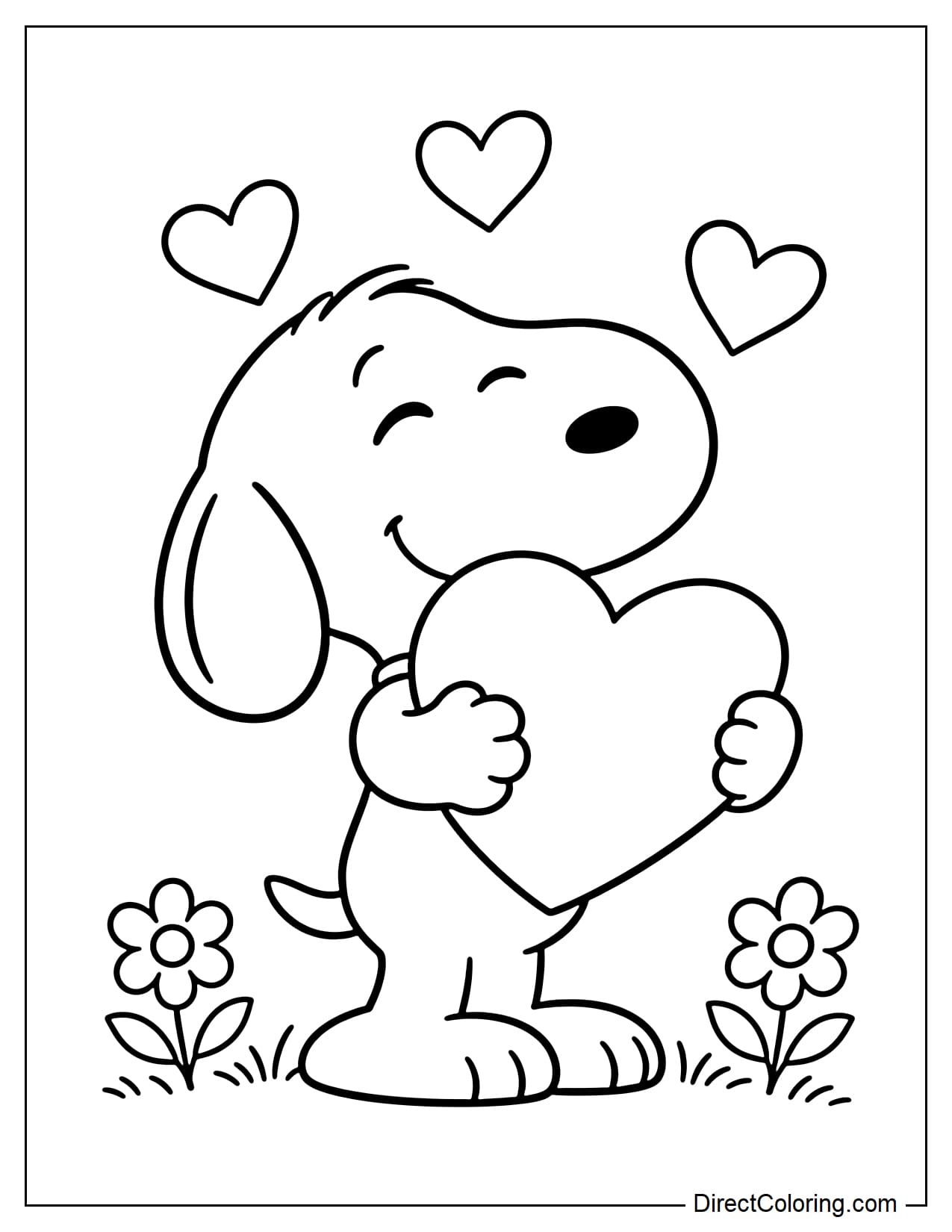Snoopy happily hugs a large heart against his chest on Valentine's Day.