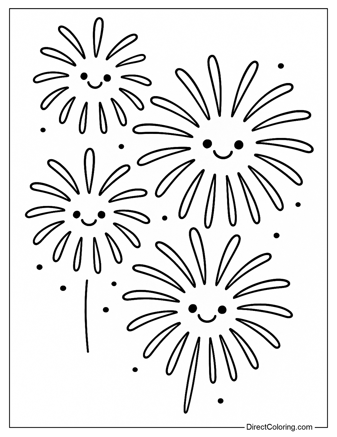 Coloring page of fireworks with smiling faces, shining on a white background.