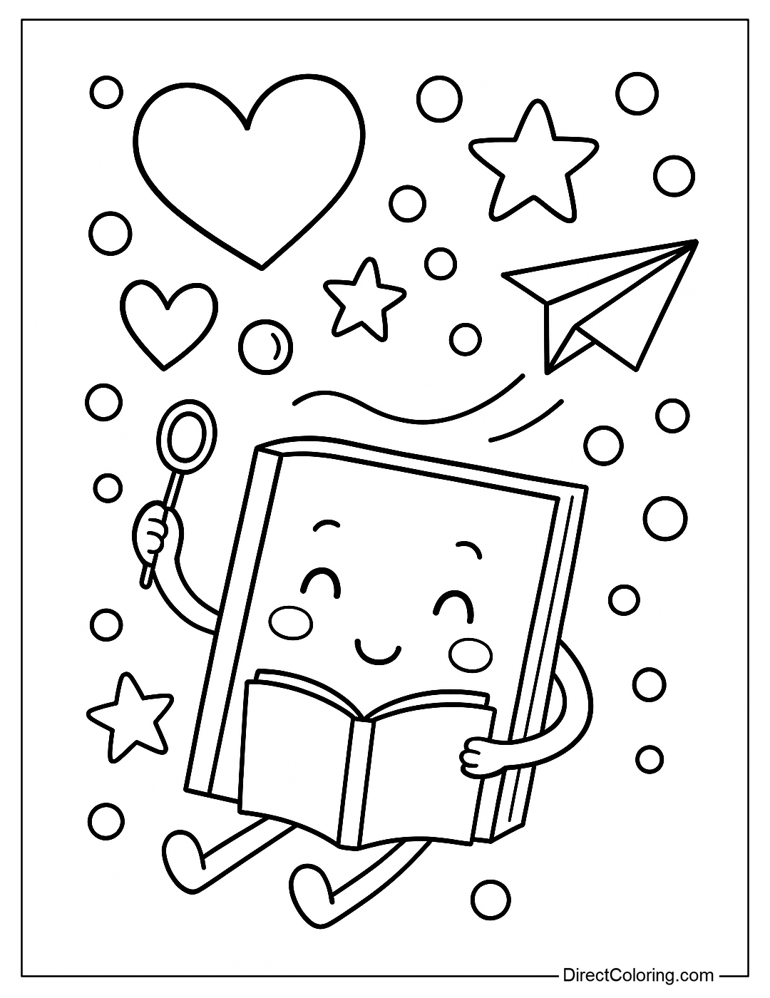 A coloring page of a book with bubbles in the shape of hearts, stars, and paper planes