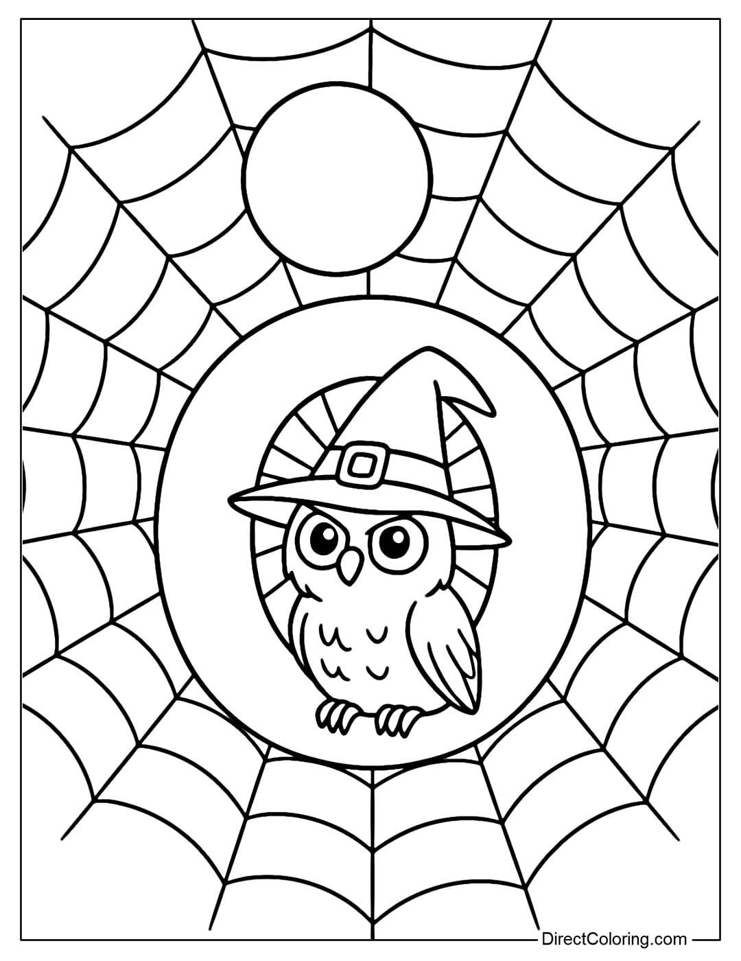 Letter O coloring page has an owl wearing a witch's hat, sitting in the middle of a spider web circle.
