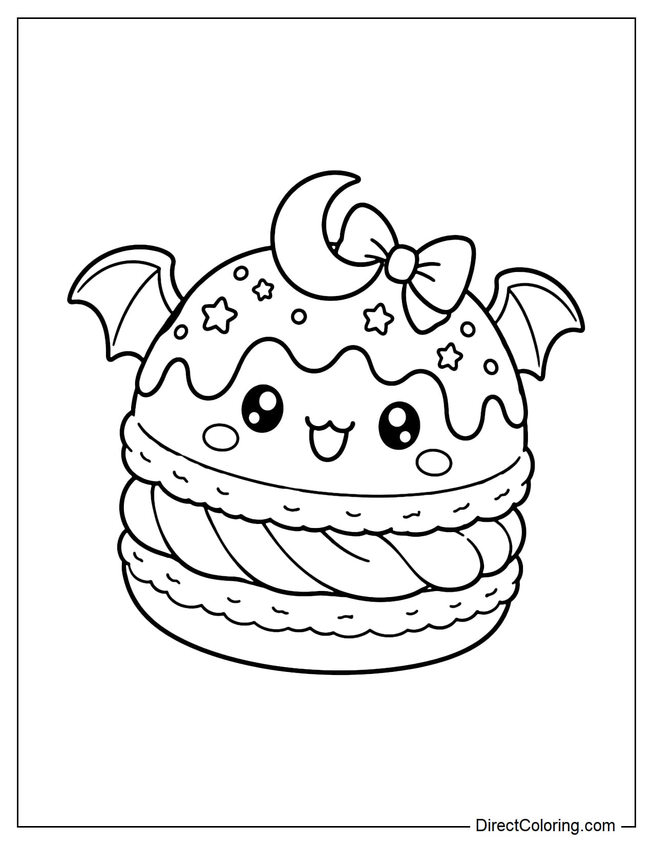 A large Halloween macaron with a thick cream filling, two bat wings extending from the sides, and a small bow with a crescent moon on top.