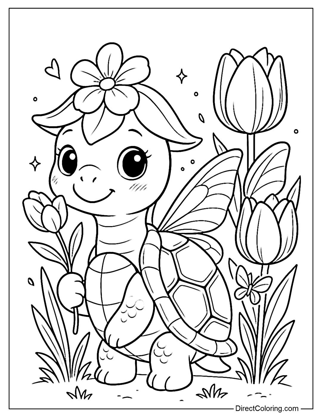 Coloring page of a little turtle with sparkling fairy wings, standing next to a blooming tulip bush, with gentle eyes and a dreamy look.