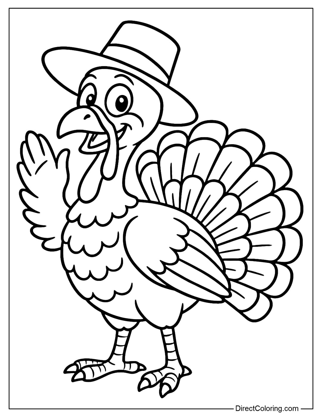 A turkey coloring page wearing a big wide-brimmed hat, standing to one side, one wing raised in greeting, beautiful feathers.