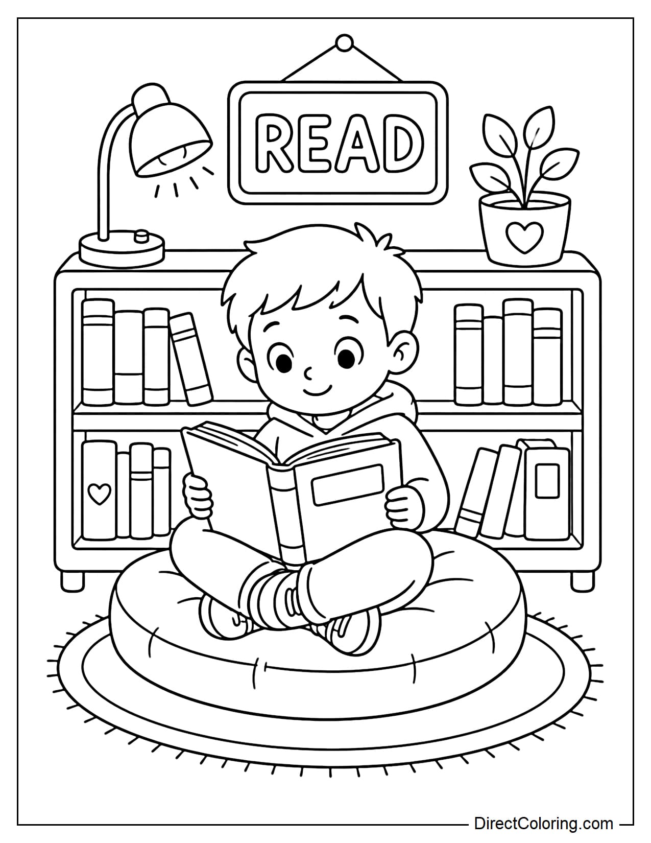 A cozy corner of the school library with a student sitting on a round cushion and reading a large book. Behind them are low bookshelves, a reading lamp, a small potted plant, and a sign that reads 