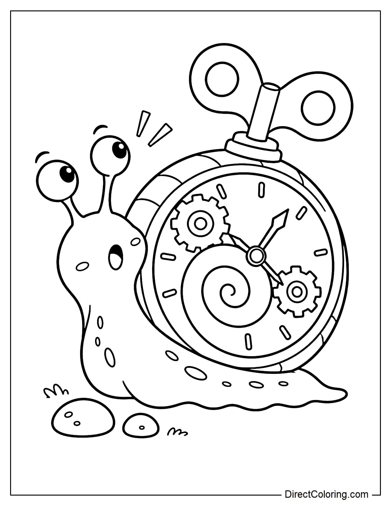 A whimsical snail with a rounded mechanical clock for a shell, featuring a large spiral, two gears, and a pair of clock hands. A large butterfly-shaped winding key sits on top of the shell.