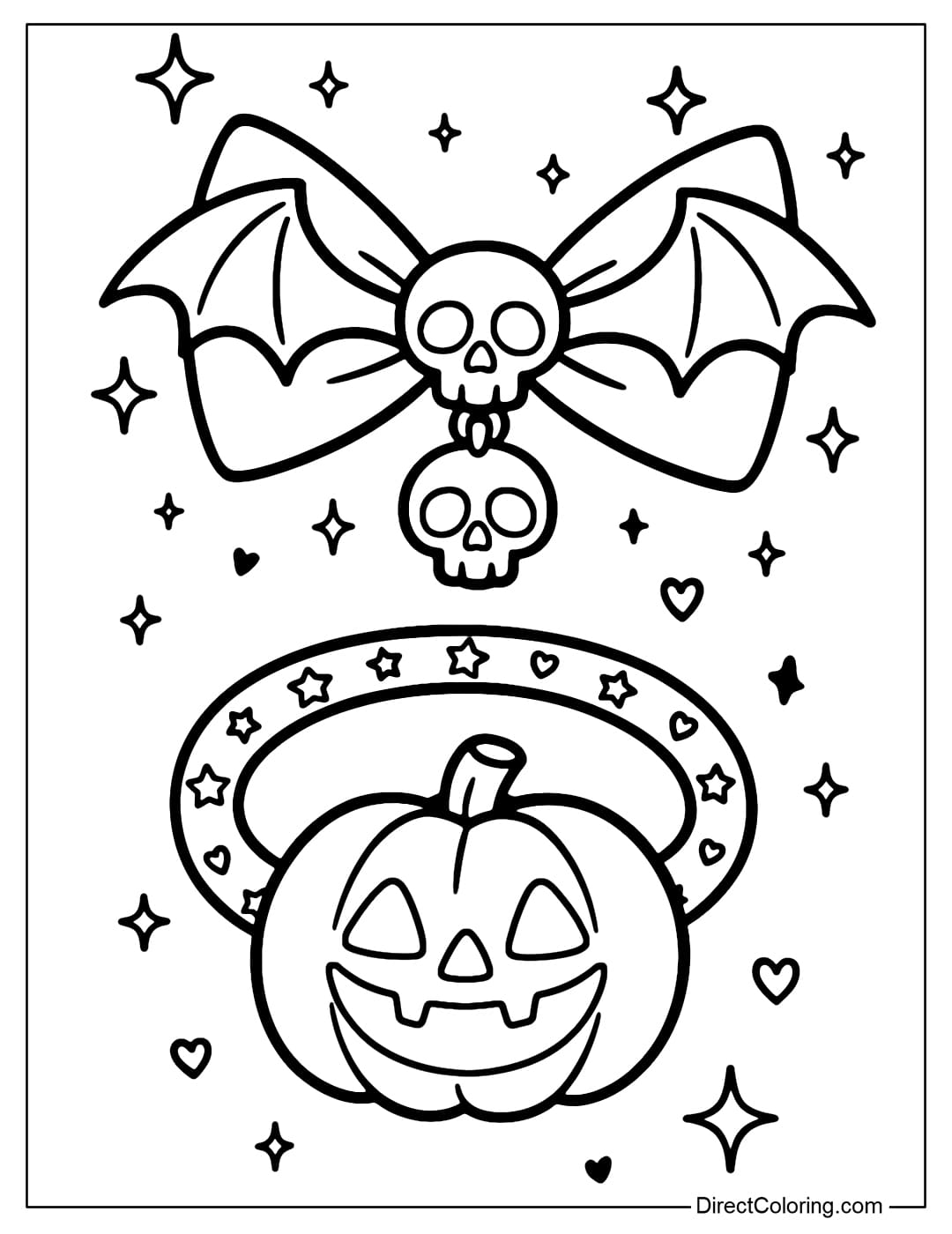 Bat bow hair tie coloring page with skull charm. Smiling pumpkin hair tie, star and mini heart hair tie.