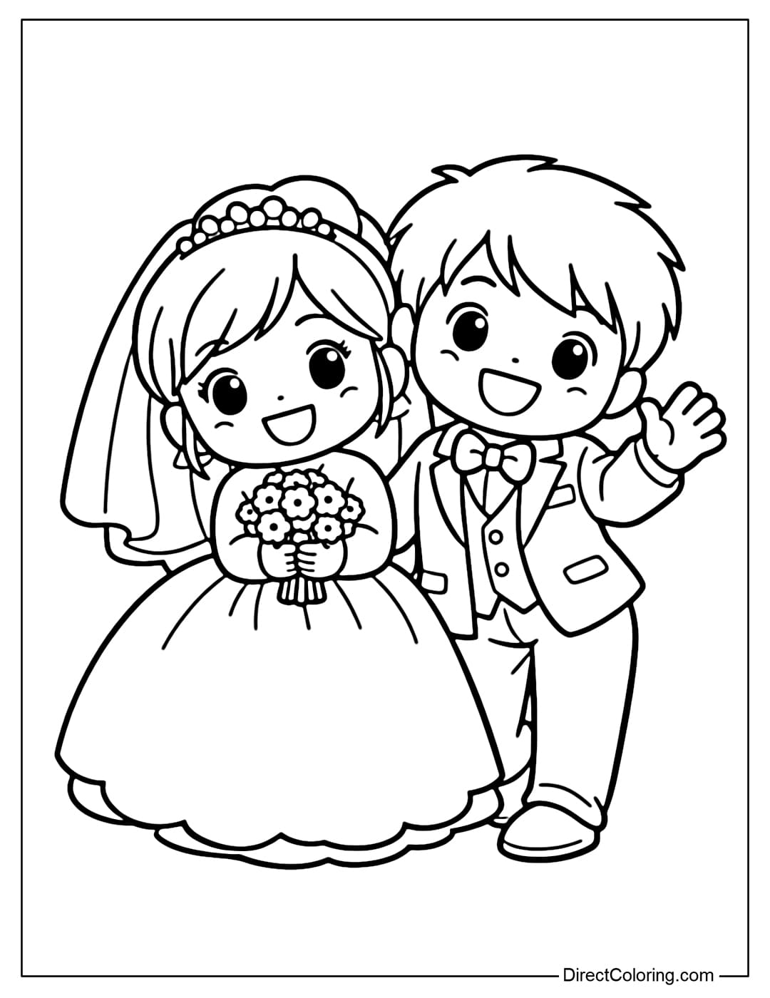 A coloring page showing a bride and groom standing next to each other, shoulders lightly touching, both leaning slightly forward in a playful pose.