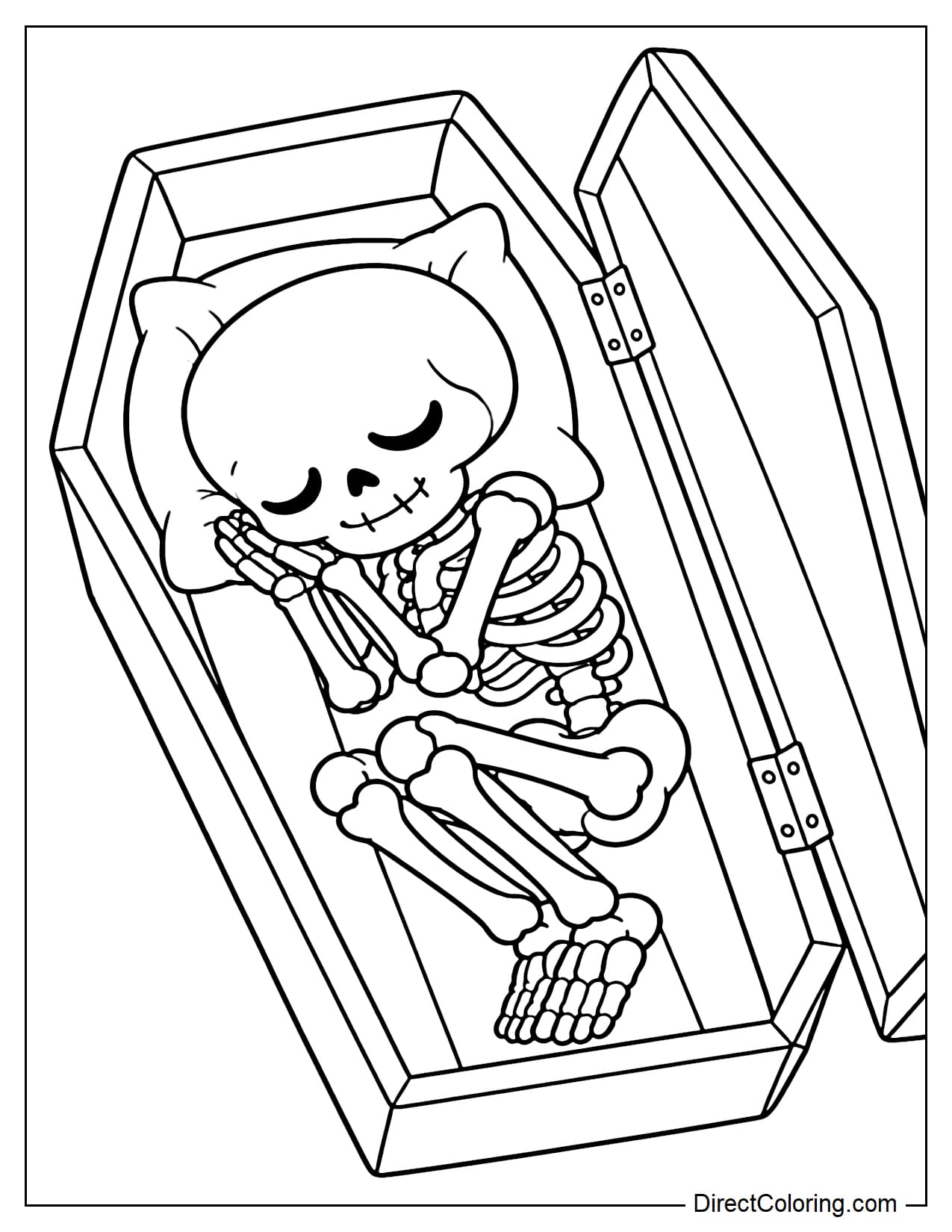 A small skeleton is curled up comfortably inside a large open coffin, with both hands tucked beneath its skull like a pillow and its legs gently bent.&nbsp;