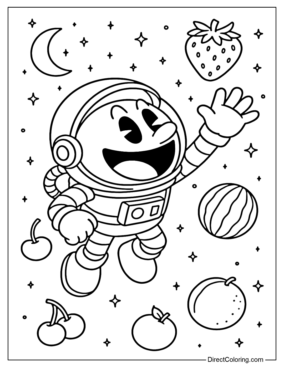 Pac-Man coloring page as an astronaut eating flying strawberries, the planets are giant fruits, the background is the bright star universe.
