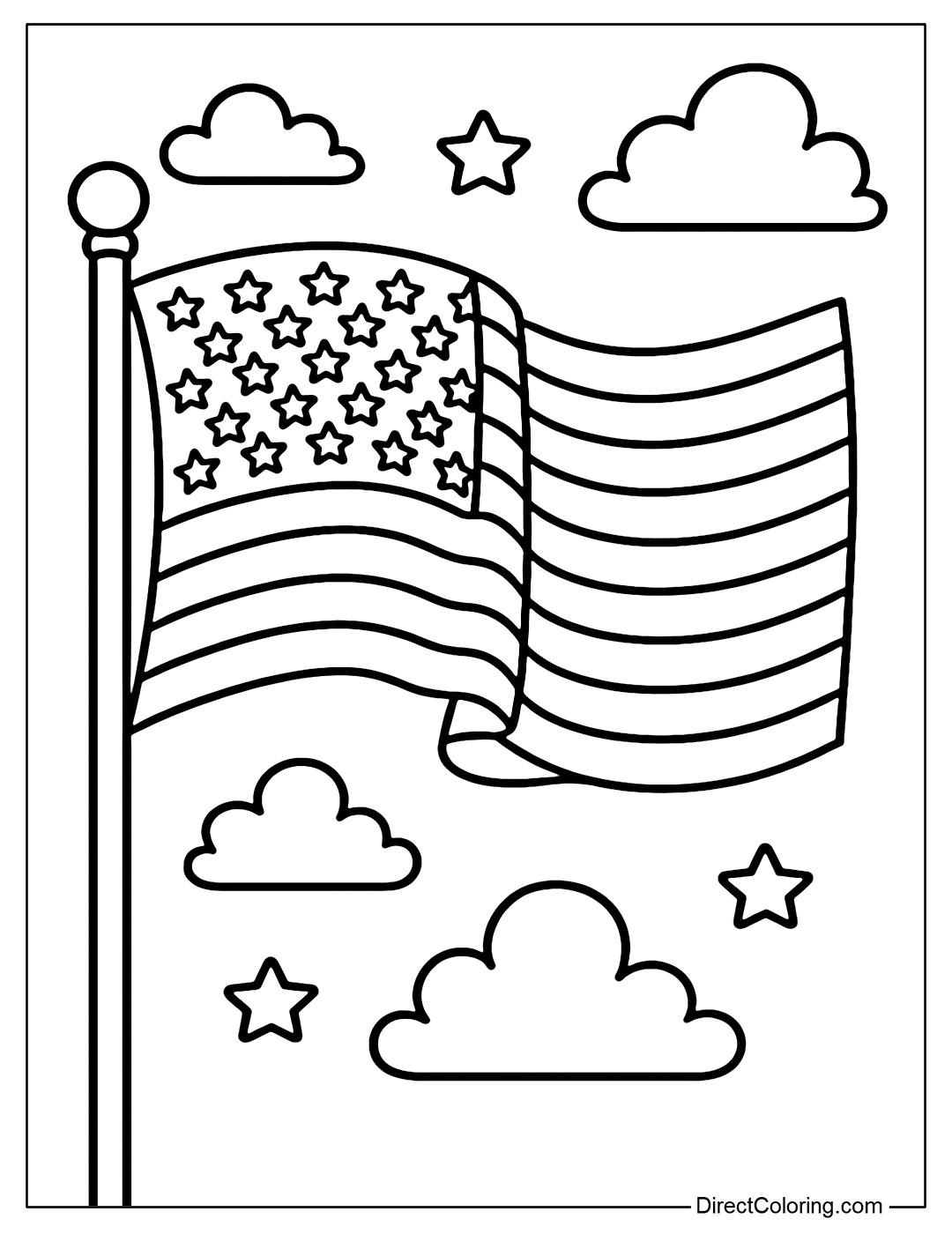 A coloring page of the American flag fluttering in the wind, with a clear sky and prominent white stars and black borders, suitable for children and adults to color.
