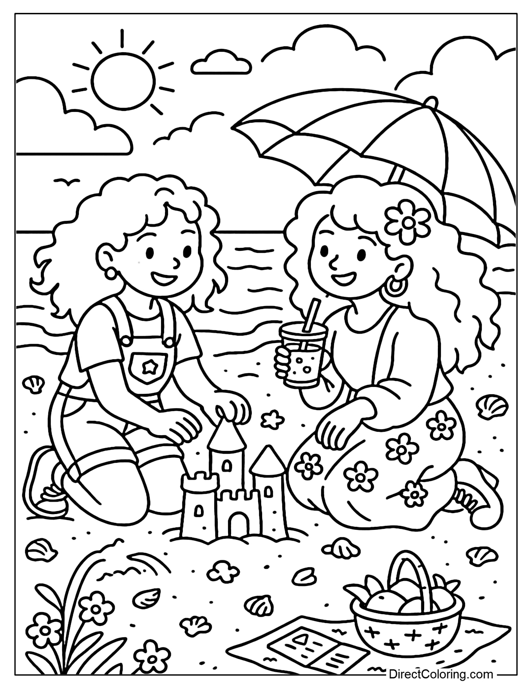 Coloring page of two girls playing on the beach, one building a sand castle, the other holding an umbrella and juice.